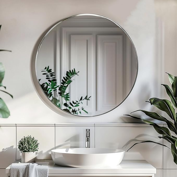 Sunniry Silver Round Mirror 24 inch, Circle Mirror with Brushed Metal Frame, Nickel Circle Mirrors for Living Room, Bathroom, Wall, Hallway.