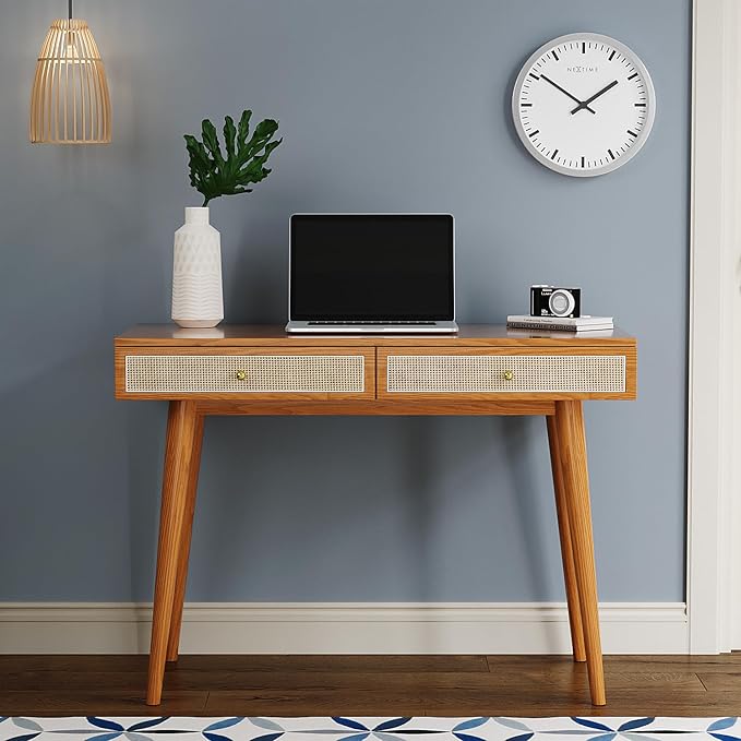 Mid-Century Modern Solid Wood Desk with Drawers – 45 inch Small Boho Rattan Writing Desk for Home Office, Minimalist Design Natural Wood Legs Table for Workspace Elegance