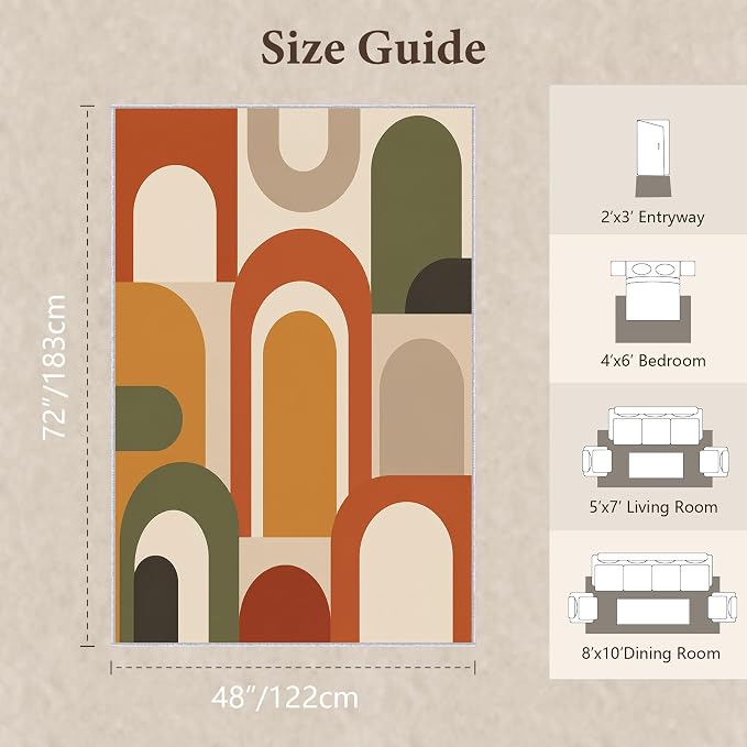 Mid Century Arch Area Rug 4x6, Terracotta Geometric Abstract Rug, Retro Modern Color Block Washable Low Pile Non Slip Rug for Living Room Bedroom