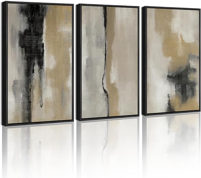 KUVIOKE Black Abstract Framed Wall Art Neutral Graffiti Pastel Minimalist Wall Decor Modern Art Painting for Bedroom Living Room 16x24in (Black Framed)
