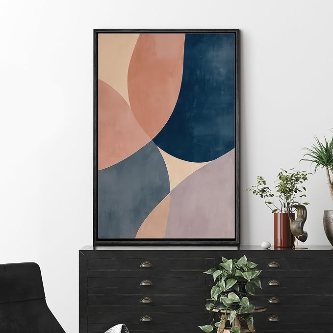 MUDECOR Framed Canvas Print Wall Art Geometric Shapes Abstract Retro Mid-Century Illustrations Fine Art Decorative Zen Multicolor Country/Farmhouse Retro for Bedroom - 16"x24" BLACK