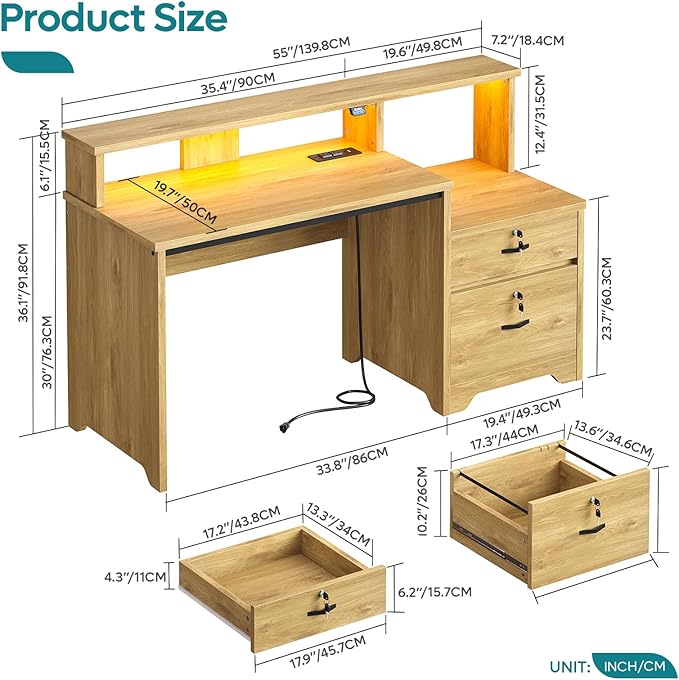 Bestier 55" Computer Desk with Power Outlets & LED Lights, Home Office Desk with Lockable File Drawer & Printer Shelf, Monitor Stand, Modern Workstation for Gaming Study, Natural Oak