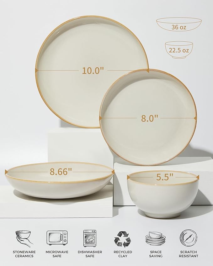 24 Piece Double Bowl Dinnerware Sets with Pasta Bowls, Highly Chip and Crack Resistant Plates and Bowls Sets, Natural Earthyware Ceramic Dishware Sets, Service for 6 Yellow White