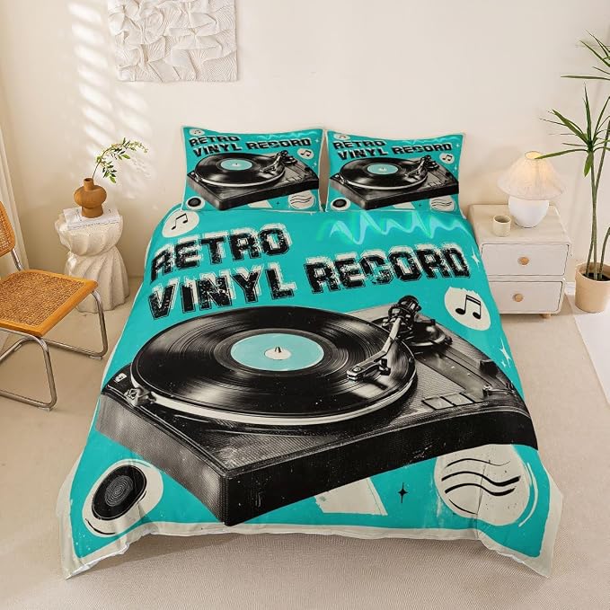Erosebridal Retro Music Duvet Cover Full for Boys Men - Retro Vinyl Record Bedding Set Vintage Nostalgic Music Comforter Cover,Rustic Musical Notes Bed Set