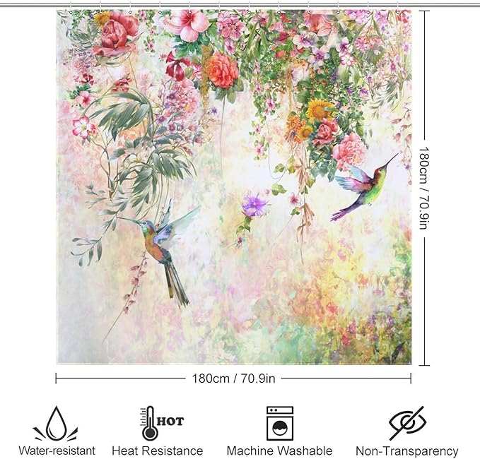 Watercolor Flowers Hummingbird Shower Curtain,Watercolor Floral with Tropical Flower Bird Butterfly Spring And Summer Waterproof Shower Curtains for Bathroom Decor 12 Pack Hooks 72x72in (183x183cm)