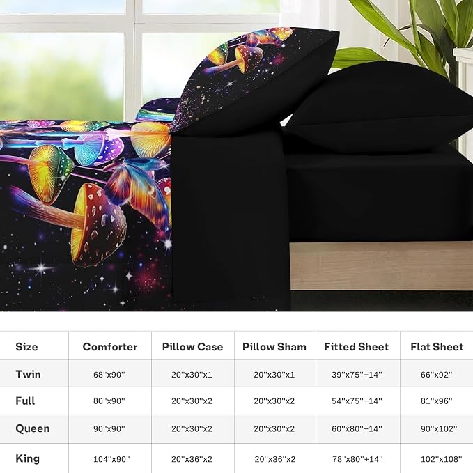 Nesker 7 Pcs Comforter Set King Size, Colorful Mushroom Dream Bedding Set for Kids and Adults, Hippie Plant Bed Sheet Sets with Fitted Sheet 2 Pillowcases & 2 Shams