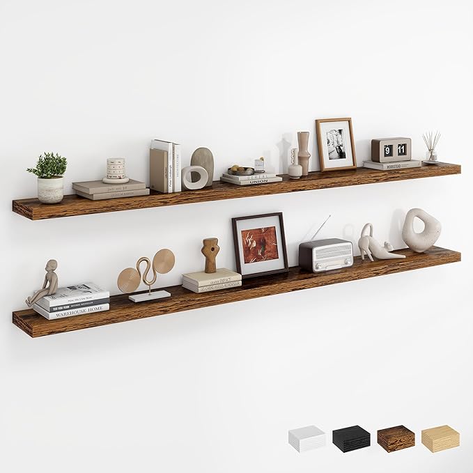 Dreamland 72Inch Floating Shelves for Wall, Rustic Wooden Storage Shelf for Living Room, Kitchen, Farmhouse, Wall Mounted Display Shelving with Invisible Heavy-Duty Metal Bracket, Set of 2 - Brown