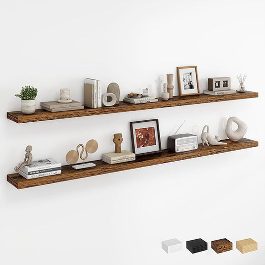 Dreamland 72Inch Floating Shelves for Wall, Rustic Wooden Storage Shelf for Living Room, Kitchen, Farmhouse, Wall Mounted Display Shelving with Invisible Heavy-Duty Metal Bracket, Set of 2 - Brown