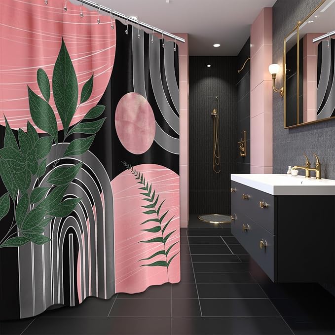 Black and Pink Shower Curtain Boho Mid Century Dark Pink and Grey and Green Shower Curtains for Bathroom Decor, Waterproof Cloth Fabric with Hooks, 70" W x 72" L