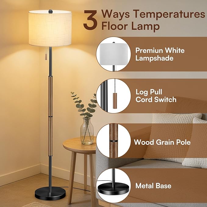 62" Mid Century Modern Floor Lamp, Black-Brown Standing Lamp with 3-Color Temperature & Pull Chain, Weighted Anti-Tip Base for Safety, Floor Lamps for Living Room Bedroom Corner (6500K Bulb Included)