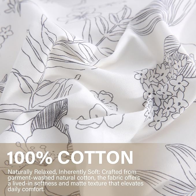 100% Cotton Floral Duvet Cover Set Queen Size Ultra Soft Breathable Grey Floral and Leaf Comforter Cover Set 3 Pcs All Season Cozy Floral Bed Cover with Zipper Closure