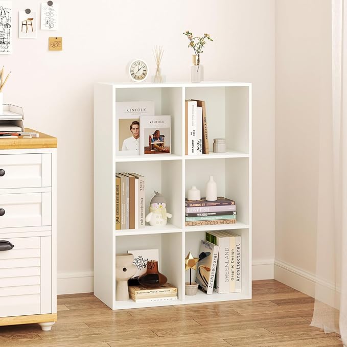 Tangkula 6-Cube Bookcase, Large Floor Standing Horizontal Bookshelf with 6 Open Shelves & 2 Anti-Tipping Kits, Home Office Wooden Storage Book Shelf for Living Room, Study (White, 6-Cube)