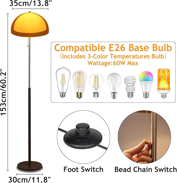 Mushroom Floor Lamp 60" Orange Floor Lamp Mid Century Globe Acrylic Standing Lamp with E26 3-Color Dimmable MCM Wood Tall Light for Living Room Bedroom Study Dining Room(Includes Bulb)
