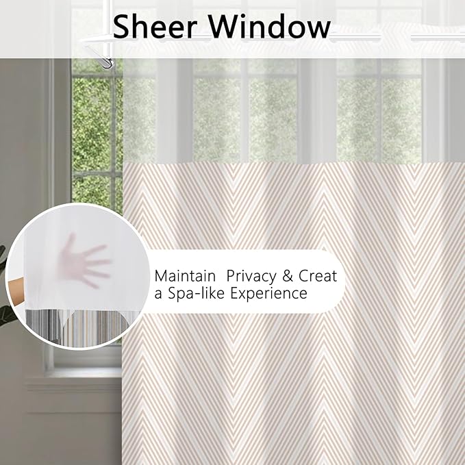No Hook Shower Curtain with Snap in Fabric Liner - Beige and White Minimalist Chevron Pattern, Waterproof Double Layers for Modern Farmhouse Bathroom, See Through Top Window, 71x74 Inches