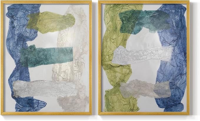 Renditions Gallery Set of 2 Peel & Stick Framed Prints, Elegant Abstract Wall Art, Dyed Cloth Texture Wall Decor, Re-Stickable - Ready to Hang - 22"x28" - GOLD Frame LT588