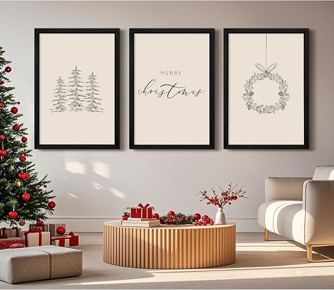 Christmas Wall Art Winter Xmas Canvas Decor Christmas Tree Picture Merry Christmas Wall Art Minimalist Vintage Painting Beige Farmhouse Prints Holiday Poster for Bathroom 12x16x3 Inch Framed