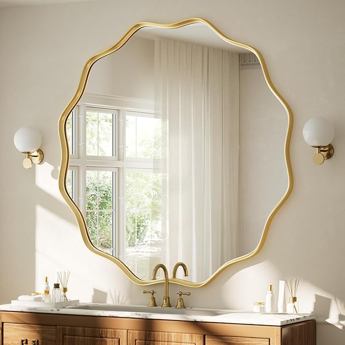 VooBang Gold Scalloped Large Circle Mirror, 42" Wavy Edge Round Wall Mirror with Tempered Glass Textured Circular Metal Deep Frame, Hanging Leaning for Bathroom, Hallway, Entryway, Livng Room