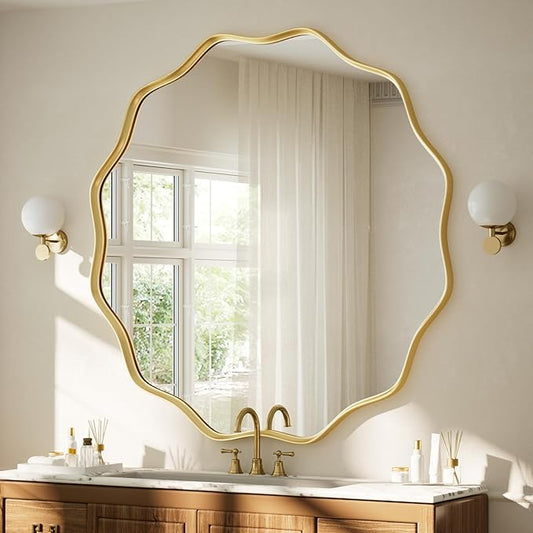 VooBang Gold Scalloped Large Circle Mirror, 42" Wavy Edge Round Wall Mirror with Tempered Glass Textured Circular Metal Deep Frame, Hanging Leaning for Bathroom, Hallway, Entryway, Livng Room