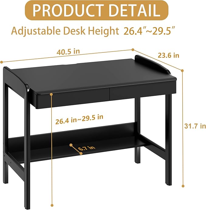 100% Solid Wood Desk with Drawers - 40 Inch Simple Modern Desks, Writing Desk with Drawers & Shelf, Work Study Table, Adjustable Height Home Office Computer Desks - Black