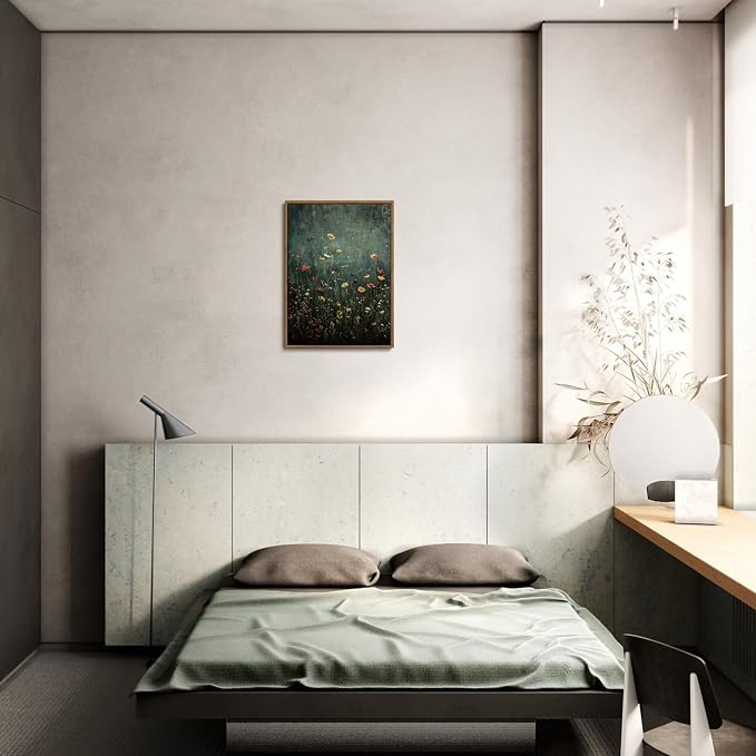 WALLZK Vintage Framed Wall Art Wildflower Canvas Prints Botanical Pictures Green Nature Floral Decor Artwork for Walls Living Room Bedroom Bathroom 12"x16"
