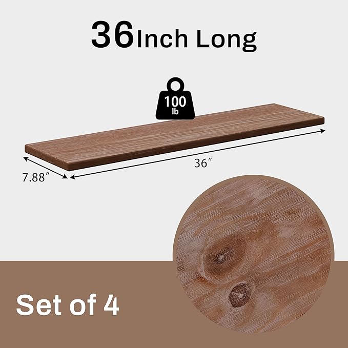 Rustic Brown Wood Floating Shelves Set of 4, 36 Inches Wood Rustic Farmhouse Wall Shelves, Easy-to-Install Hanging Shelf for Living Room, Kitchen, and Bedroom, 100bs Capacity
