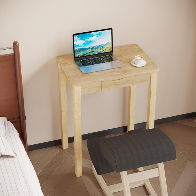 Solid Wooden Desk with Drawers - 24 x 16 Inch Narrow Desks for Small Spaces, Rubberwood Simple Study Table, Small Writing Desk for Bedroom - Natural Boho Desks