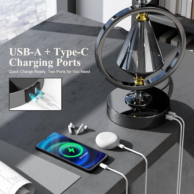 C06-2 20.8” Art Deco Bedside Table Lamp - 3-Way Dimmable Touch Control, USB A+C/AC Outlet, Bulb Included, Ideal for Living Room Nightstand Bedroom