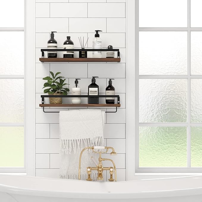 Floating Shelves for Wall, Bathroom Shelves with Towel Bar, Wall Mounted Storage Shelves for Kitchen, Bathroom, Set of 2 Brown