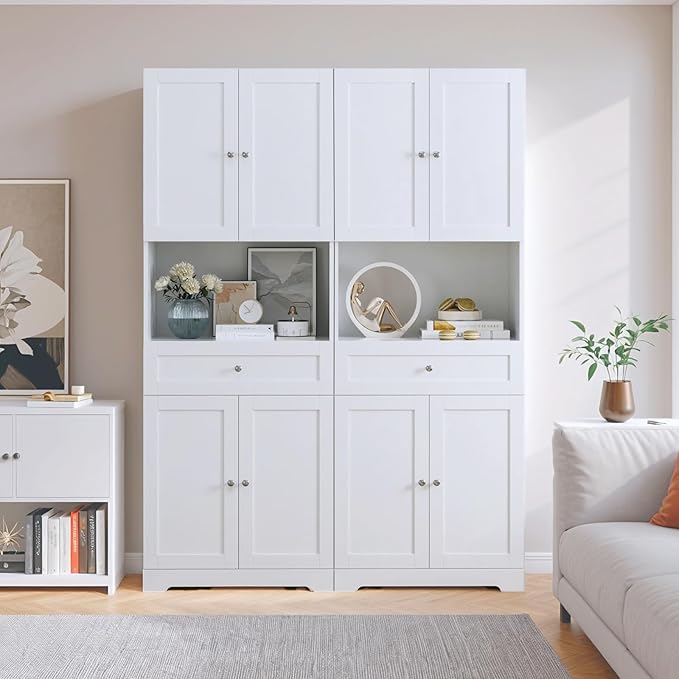Tall Bathroom Storage Cabinets with Drawer, Modern Linen Cabinet with Doors & Shelves, 67"H Tall Storage Cabinet Freestanding for Bathroom, Dining Room, Kitchen & Pantry, Laundry, Narrow Corner, White