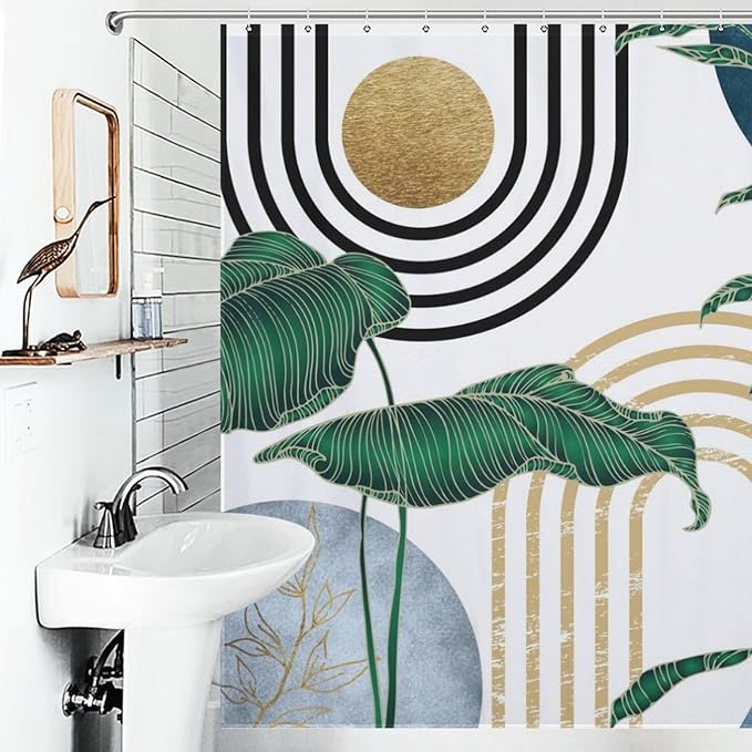 Boho Plant Shower Curtain,Mid Century Blue Green Plant Leaves Shower Curtain Set for Bathroom,Bohemian Modern Abstract Minimalist Fabric Bath Curtain with Hooks,72x84Inch