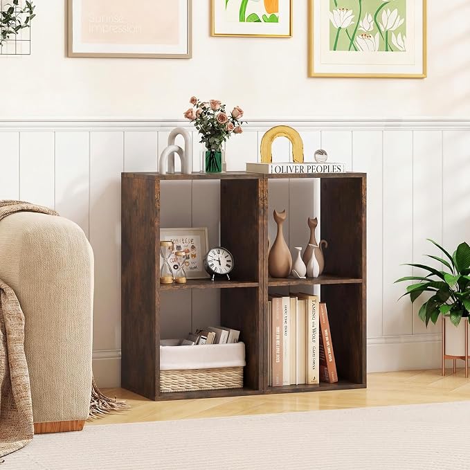 Tangkula 2-Cube Bookcase, 3-Tier Bookshelf with Open Compartments, Freestanding Cube Storage Organizer with Anti-Toppling Kits, Modern Display Shelf for Living Room, Study (1, Rustic Brown, 2-Cube)