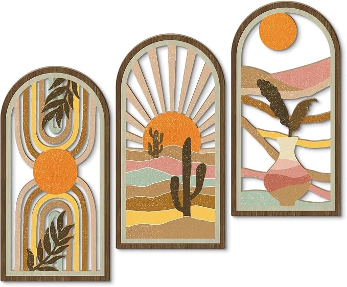 Putuo Decor Boho Wall Art Set of 3, Modern Minimalist Wooden Wall Decor, Desert Cactus Sun Abstract Aesthetic Room Decorations, Mid-Century Artwork for Living Room, Bedroom, Office (White, 16×8 in