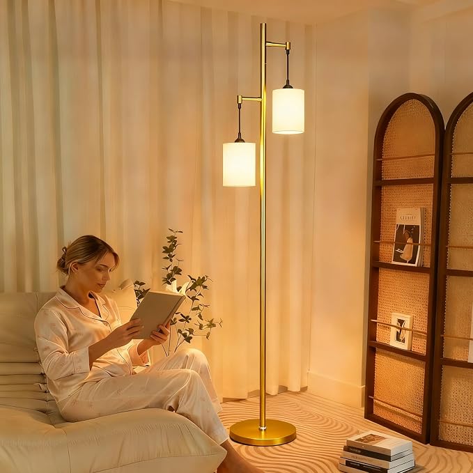 Lightdot 65IN Gold Floor Lamp for Living Room, Industrial 2-Light Tree Floor Lamps with Linen Shade, Modern Standing Tall Lamp with 5Lbs Heavy Base for Bedroom/Sofa Beside/Corner Decor(Bulb Included)