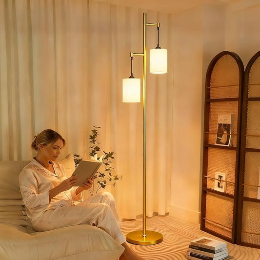 Lightdot 65IN Gold Floor Lamp for Living Room, Industrial 2-Light Tree Floor Lamps with Linen Shade, Modern Standing Tall Lamp with 5Lbs Heavy Base for Bedroom/Sofa Beside/Corner Decor(Bulb Included)