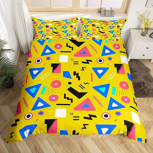 80s 90S Fashion Style Bedding Set Queen Size,Retro Memphis Style Pattern with Geometrical Shapes Duvet Cover for Kids Child,Funky Hipster Old Fashioned Comforter Cover Geometric Bedroom Decor