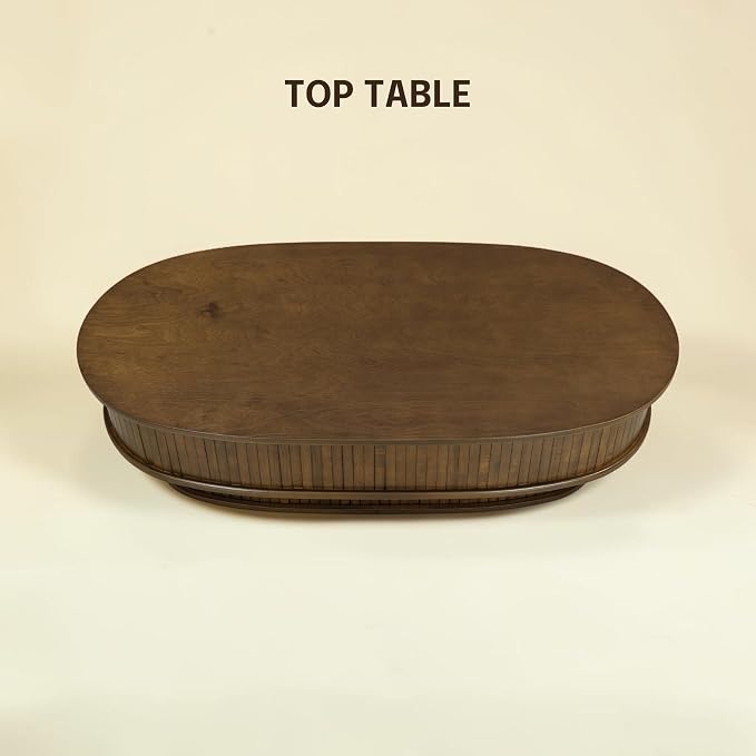NTC Stream DOU Coffee Table, Modern Oval Wood Table with Removable Top Hidden Storage, Double-Layer Design with Vertical Groove Detail, Contemporary Center Table for Living Room, Dark Walnut