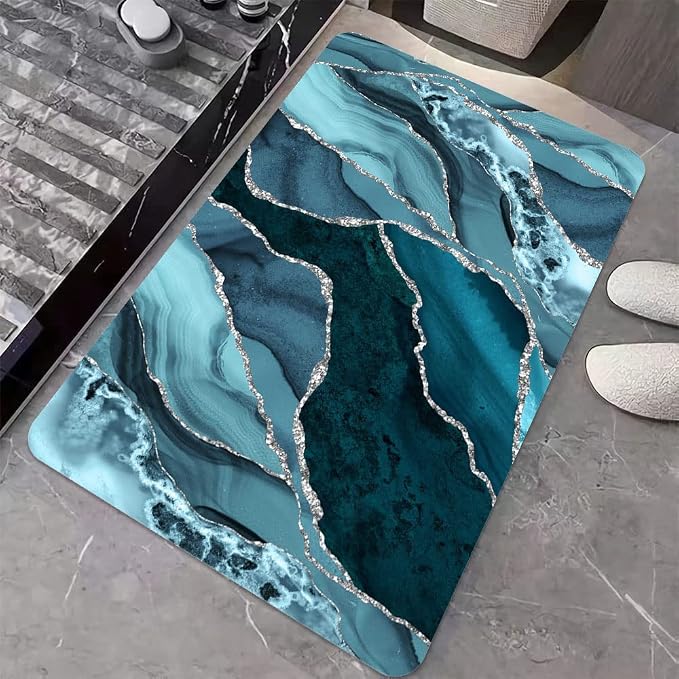 Diatomaceous Earth Bath Mat,Blue and Silver Marble Non-Slip Volume Super Absorbent Fast Drying for Bathroom Kitchen Door mat,Eco-Friendly Easy to Clean 20×31Inch(50 * 80cm)
