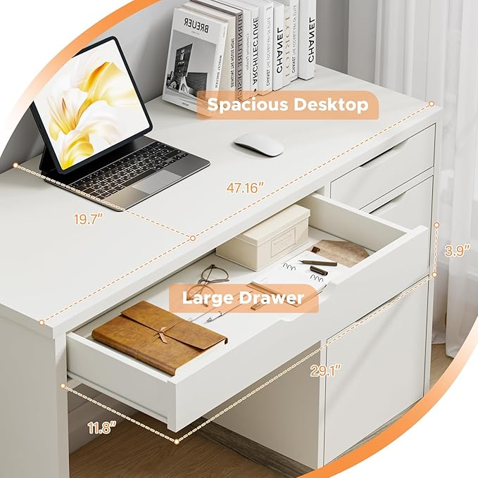 MaverickFurni White Desk with Drawers, 48 Inch Small Computer Desk with 4 Storage Drawers for Small Space, Home Office Desk for Bedroom with Storage File Drawer