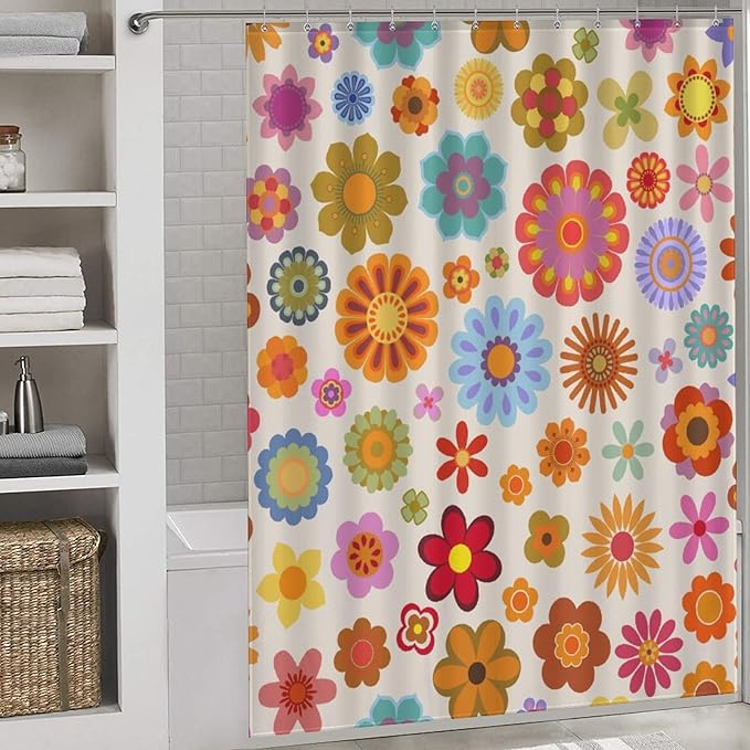 70s Shower Curtain, Vintage Retro Orange Daisy Floral Hippie Groovy Cute Flower Aesthetic Boho Funky Trippy Colorful Waterproof Fabric Bath Shower Curtain Set with Hooks, 72"x72" Inch