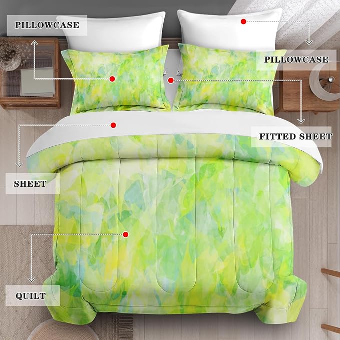 5Pcs Comforter Set Twin Size, Modern Cool Lime Green Abstract, Bed Decor Cold Light Citrus Wave Space Bedroom Bedding Set with Flat Sheet Fitted Sheet Pillowcases Shams for Kids and Adults