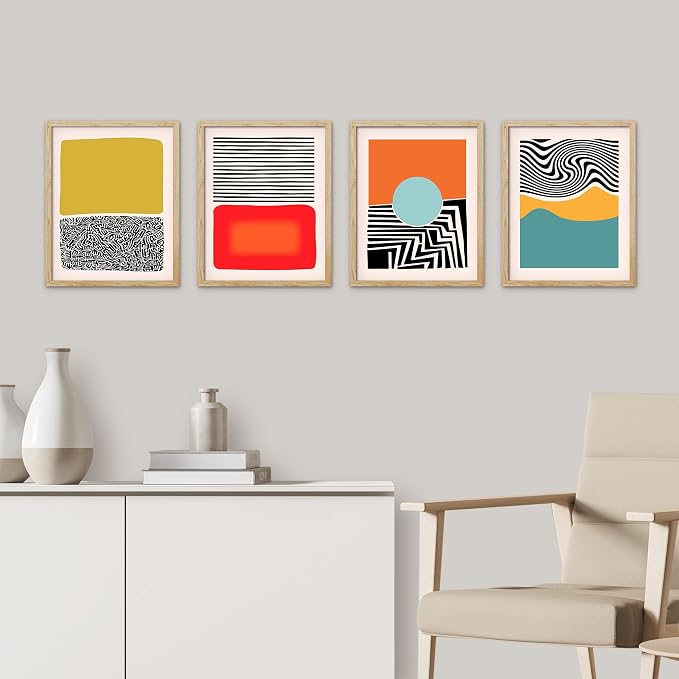 SIGNWIN Framed Mid-Century Modern 1980s Geometric Wall Art, Set of 4 Color Blocks Wall Decor Prints, Nature Wilderness Wall Décor for Living Room, Bedroom - 8"x10" Natural