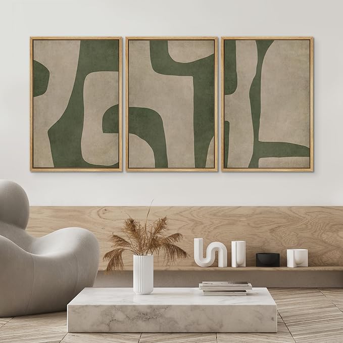 SIGNWIN Framed Canvas Print Wall Art Set Abstract Geometric Green and Beige Tones Illustrations Modern Art Decorative Boho Relax/Zen Nordic for Living Room, Bedroom, Office - 16"x24"x3 Natural