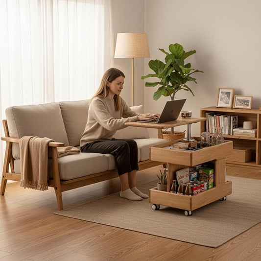 100% Solid Wood Lift Top Coffee Table with Storage, Small Bedside Table with Wheels and 360° Rotating Desktop, Rolling Coffee Table for Living Room, Bedroom(Natural, No Need to Install)