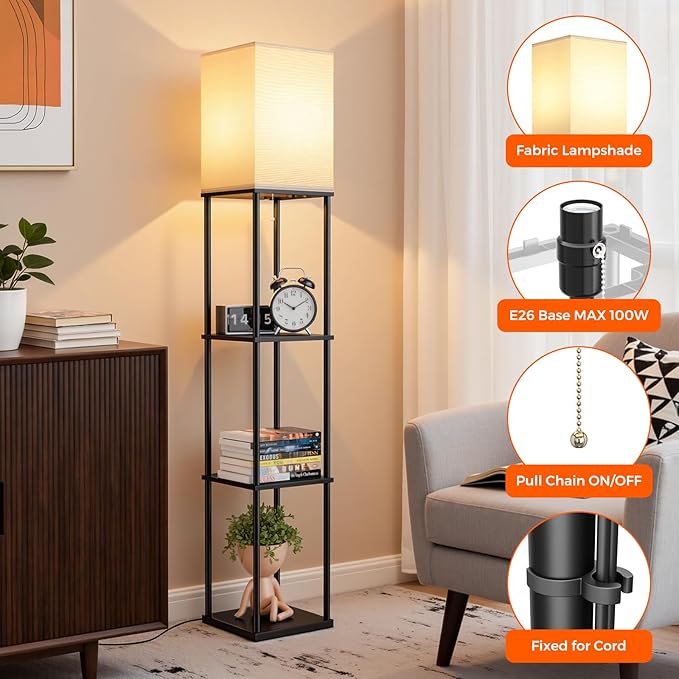 FOLKSMATE Floor Lamp with Shelves, 3-Tier Modern Square Bookshelf Floor Lamp, 3 Color Temperature Bulb Included, Black Floor Lamps for Living Room Bedroom Corner