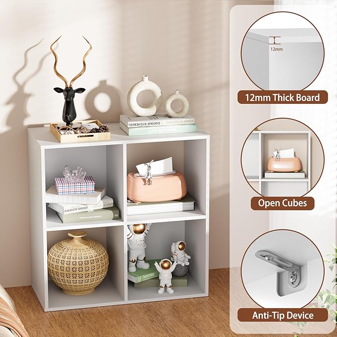 4 Cube Storage Organizer, Book Shelf Storage Shelves Bookcase with Open Back, Display Standing Shelf Freestanding Book Case for Bedroom, Living Room and Home Office (White, 4-Cube)