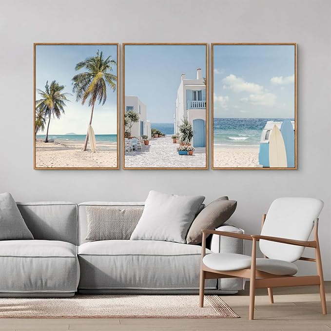 Rantodecor Beach Themed Framed Canvas Wall Art, Palm Tree Surfboard Van Wall Decor, Nordic Blue and White House Art Painting, Modern Relaxing Seascape Artwork for Bedroom Living Room Office 16"x24"x3
