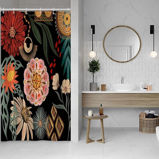 Black Boho Floral Shower Curtain Abstract Botanical Mid Century Modern Bathroom Decor Tropical Flower Shower Curtain with 10 Hooks,54x78 inches