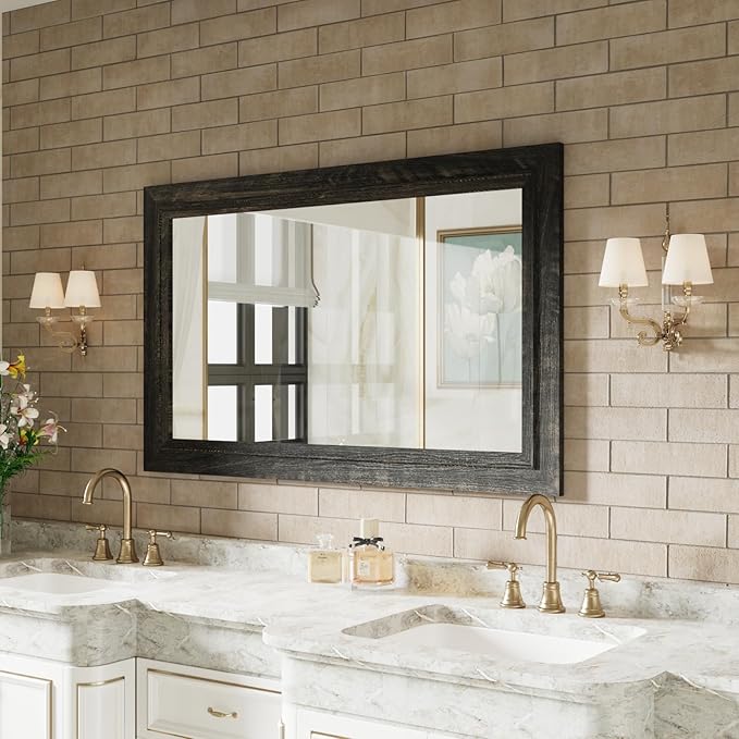 Rustic Wall-Mounted Vanity Mirror, Solid Wood Frame Bathroom Mirror, Farmhouse Style for Living Room, Bedroom, Entryway, Horizontal/Vertical Hanging