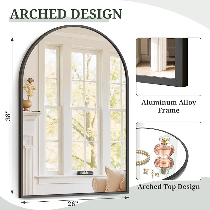 Arched Wall Mirror 38x26 Inch Black Bathroom Vanity Mirror with Metal Frame, Modern Arch Mirror for Bedroom, Living Room, Entryway, Wall Mounted Decorative Mirror