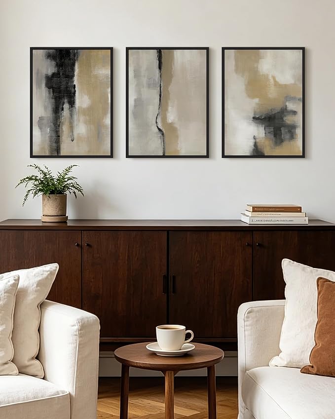 KUVIOKE Black Gray Abstract Framed Wall Art Neutral Wall Decor Minimalist Modern Illustrations Art Print for Living Room Bedroom 12x16in (Black Framed)